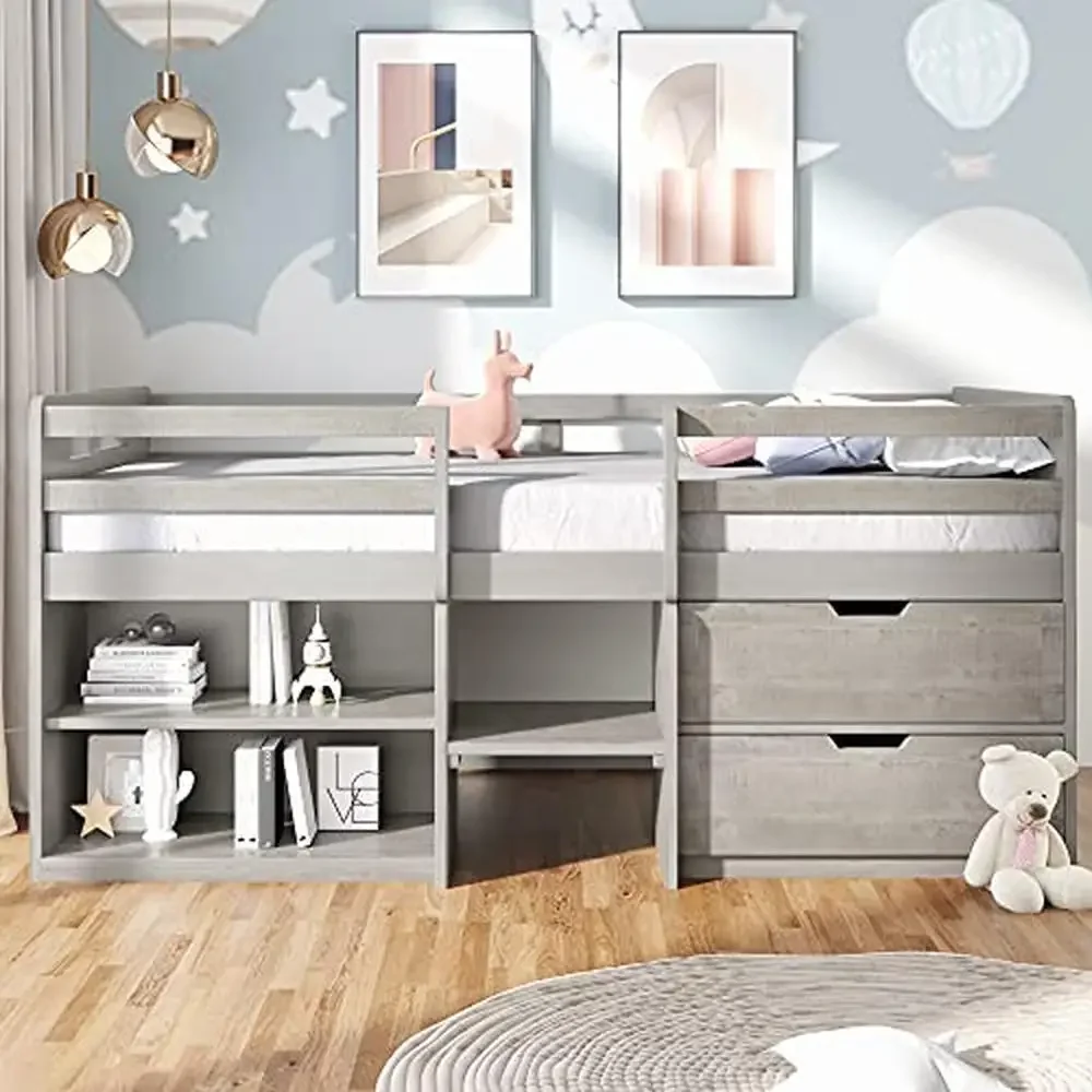 

Solid Pine Wood Twin Low Loft Bed with Two Storage Shelves and Drawers Durable Full-Length Guardrail Loft Bed Frame Space-Saving