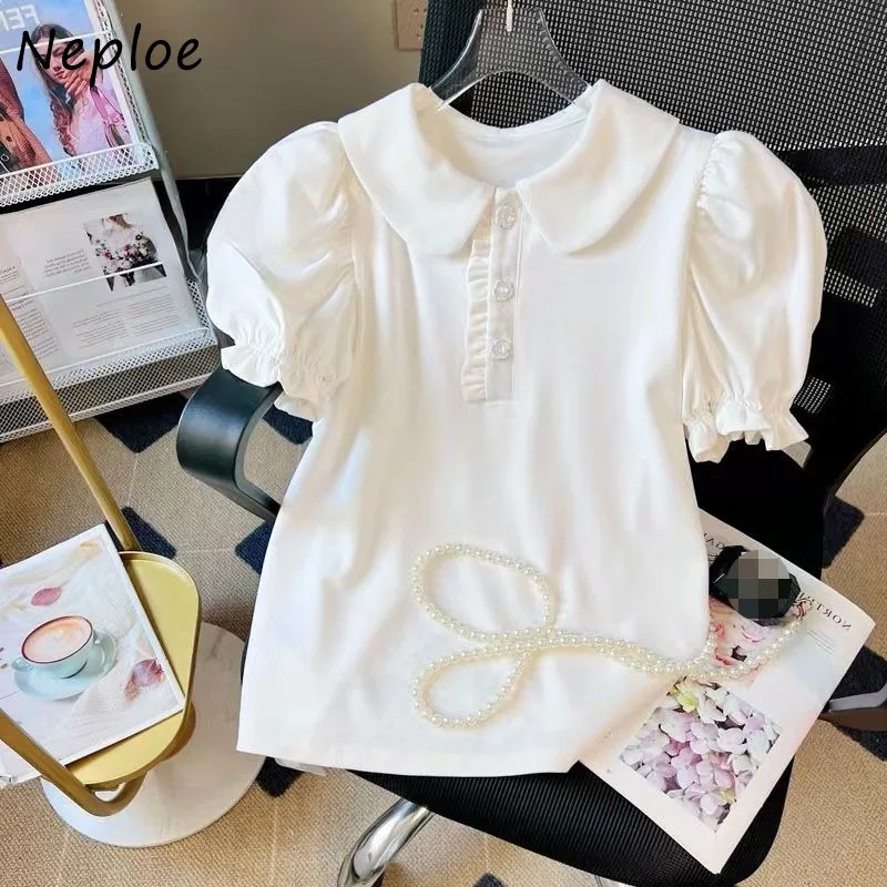 Neploe Simple Sweet Peter Pan Collar T-shirts Y2k Short Sleeve Loose Tee Shirt 2024 Summer New Beading White Tops Women