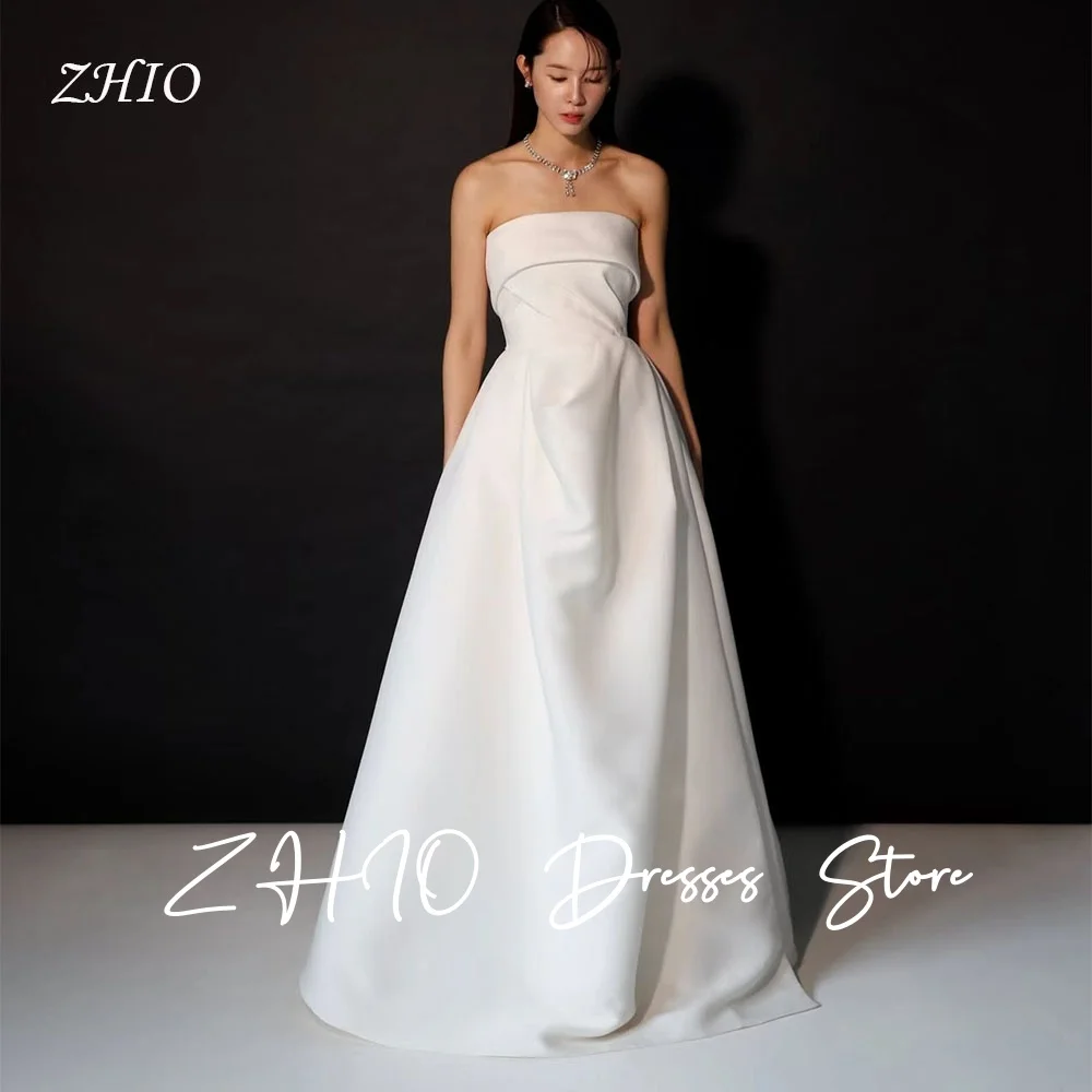 

ZHIO Simple Pleat Wedding Dress Strapless Sleeveless Ivory Silk Taffeta Floor Length Korea Photo Shoot Bridal Gown Customized