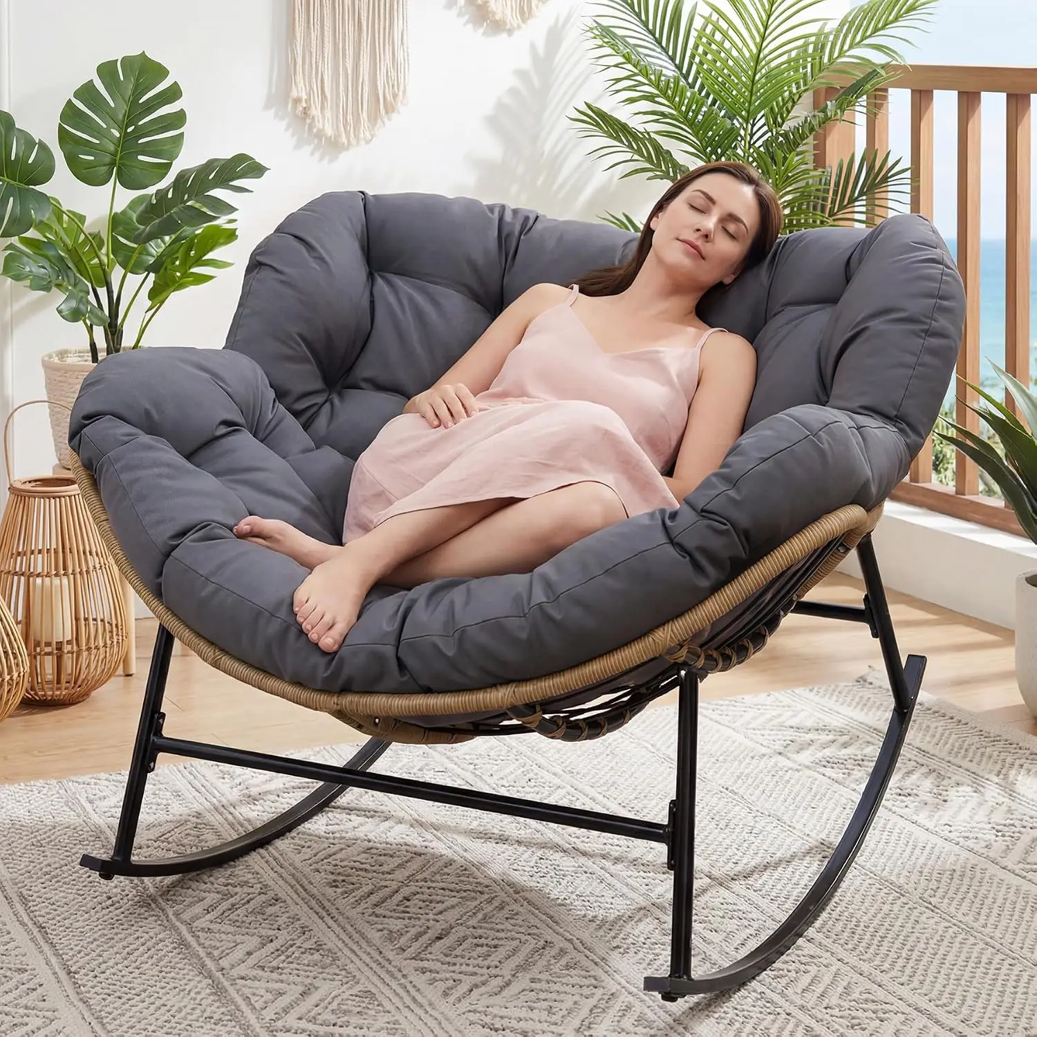 Indoor Outdoor Papasan Rocking Chair, Large Rocking Lounge Chair, Customized