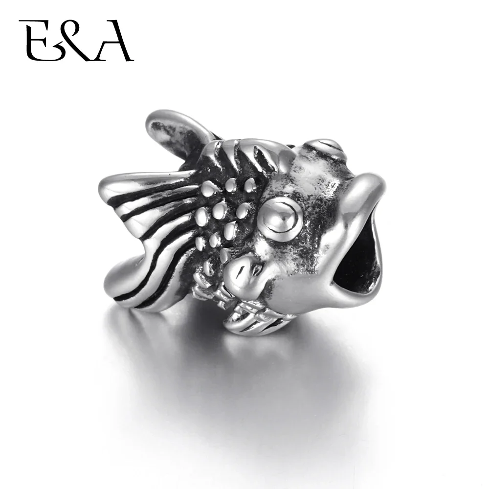 Stainless Steel Beads Fish 5mm Hole Blacken Metal European Bead Slider Animal Charms for Bracelet DIY Jewelry Making Supplies