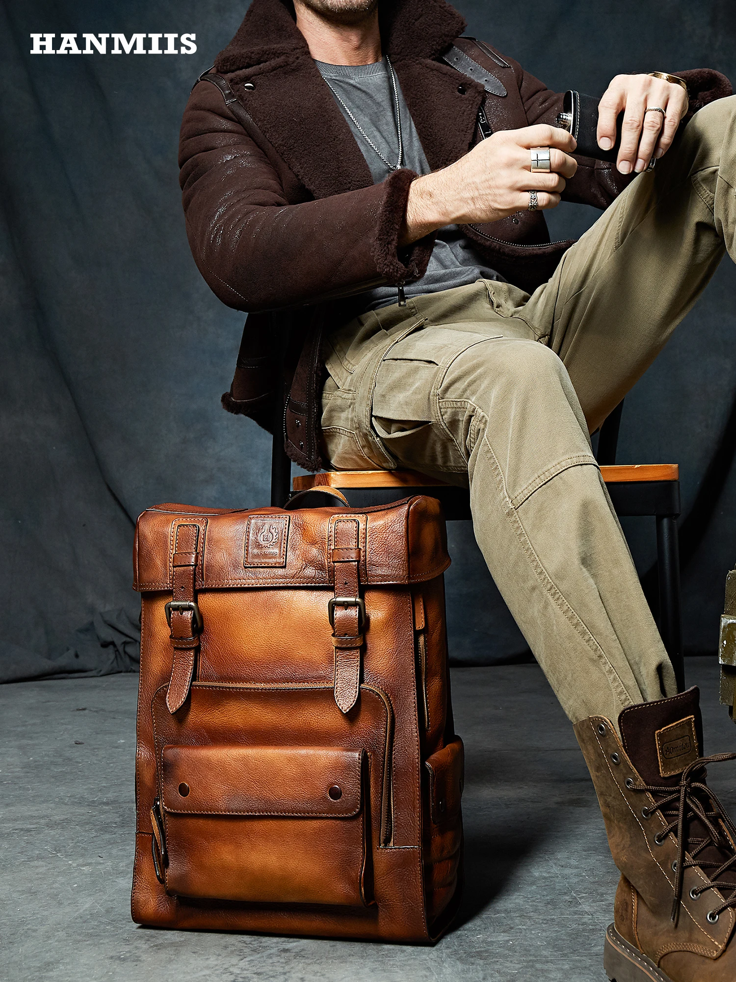 HANMIIS New Full-Grain Leather Large-Capacity Backpack & Travel Bag | Premium Men's Business Laptop Rucksack & Weekender Daypack