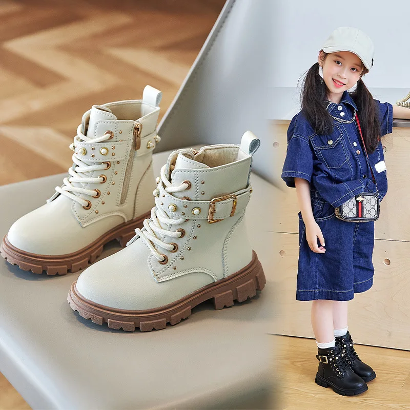 Children Ankle Boots for Girls Buckle Versatile Cool European and American Style Kids Boots 2023 New Spring Catwalk Shoes Flats