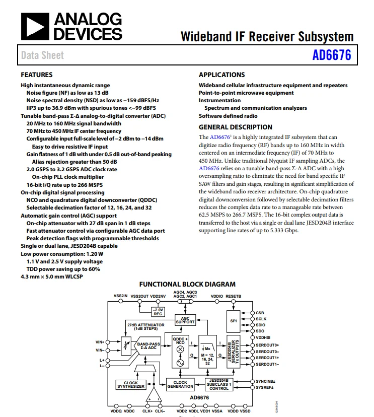 AD6676BCBZRL AD6676 WLSCP-80 Broadband Wideband IF Receiver Subsystem