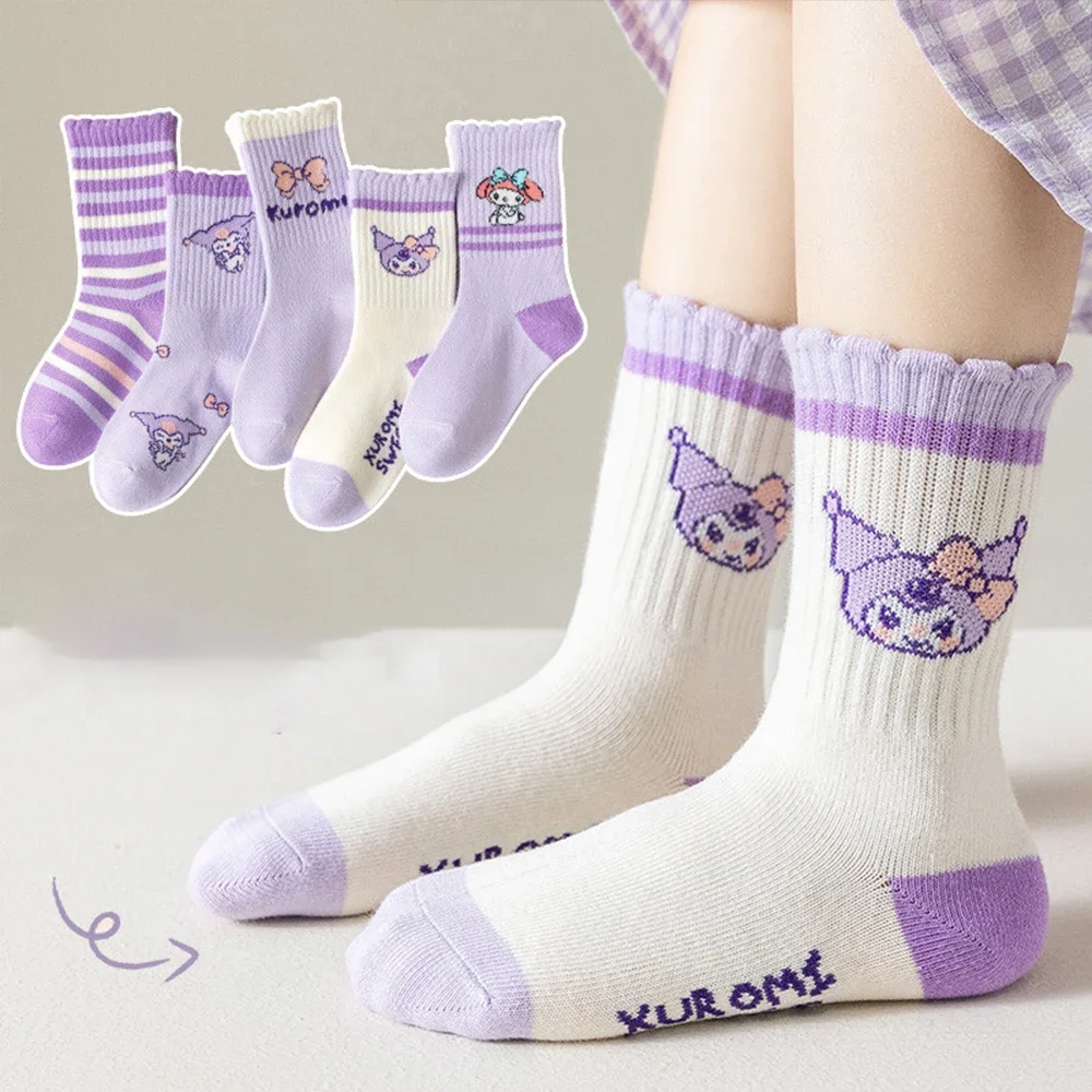 5pcs Set Kuromi Socks Cinnamoroll Girl Autumn Wintertime Kawaii Children Soft Pure Cotton Warm Cartoon Crew Sockss Gift