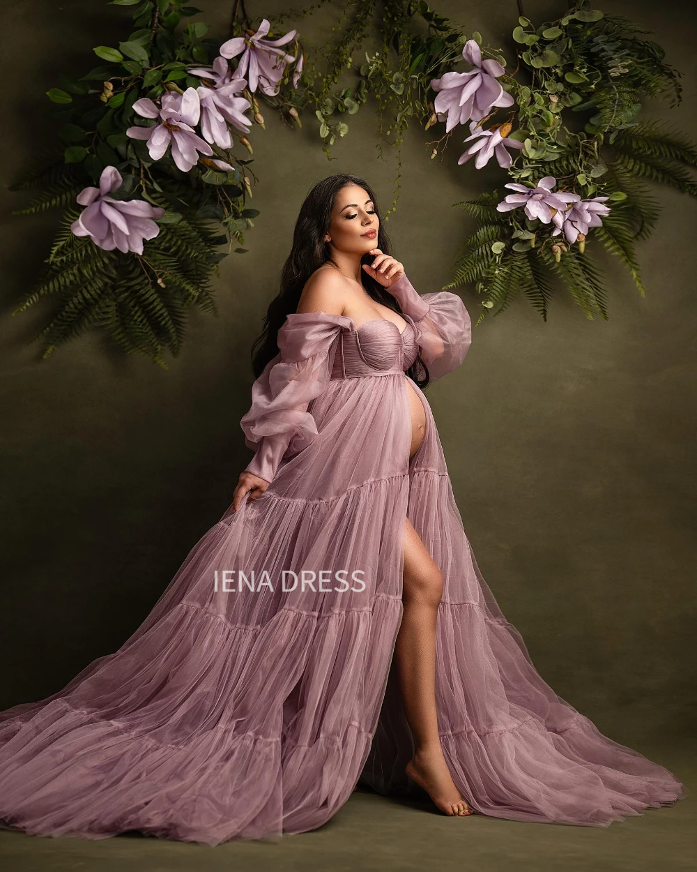 custom Purple Tulle Maternity Photography Dress Off Shoulder Ruffled Pregnancy Women Baby Shower Gown Photoshoot#18428