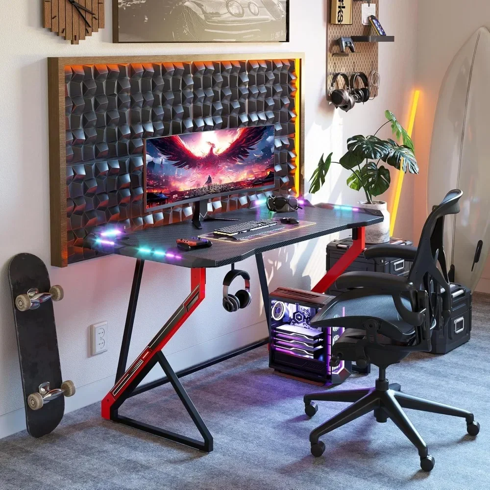 Gaming Desk with LED Lights,40 Inch Computer Desk Z Shaped Gamer Workstation,Gaming Table with Carbon Fiber Surface, PC Gamer