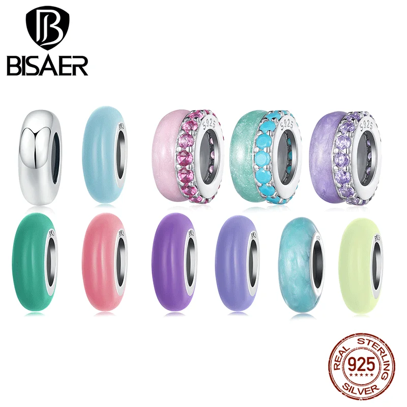 BISAER 100% 925 Sterling Silver Pink Green Purple Silver Silicone Bead Fit Women DIY Bracelet Necklace Jewelry ECC1450