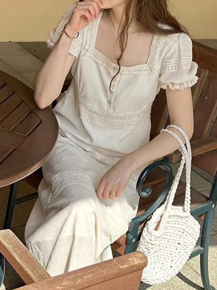 Ele Long Dr for Women with Bubble Sves Lace Splicing Tassel Design Vintage Square Collar Fairy Skirt Korean Sle