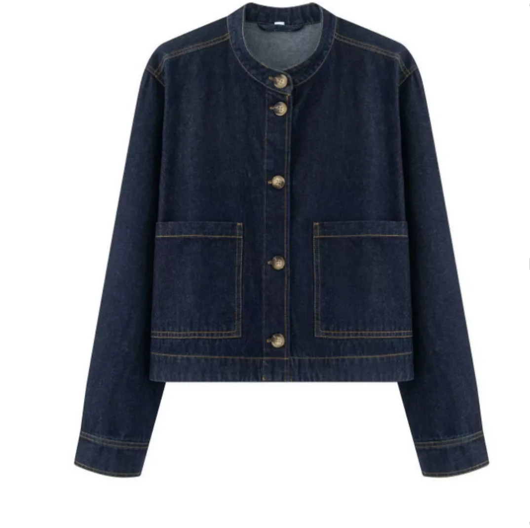 

Новое поступление осени 2025 года, женская однобортная джинсовая куртка с воротником-стойкой и карманами, длинными рукавами, женская укороченная куртка
