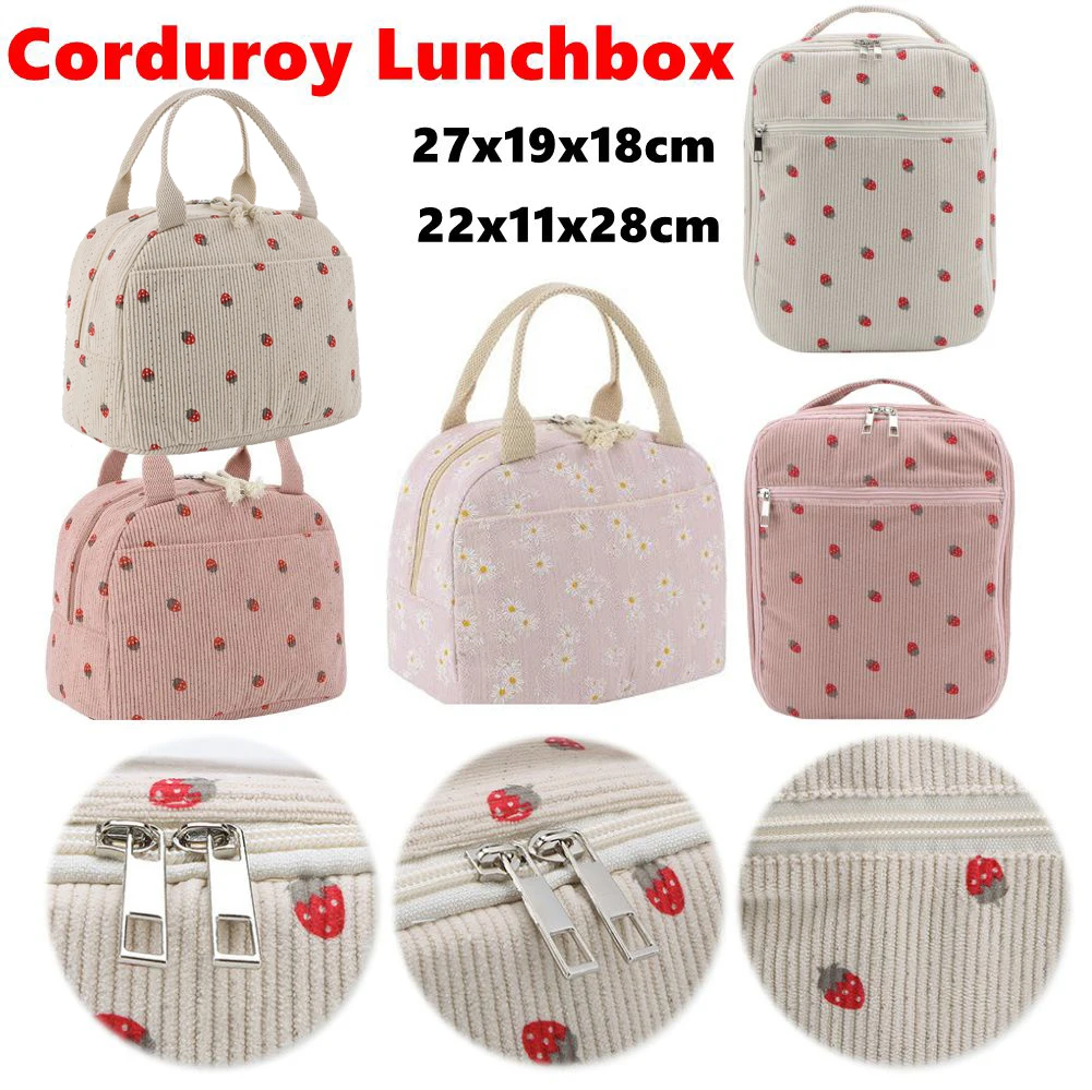 

Lunch Bag for Women Corduroy Insulated Lunch Tote Handbag Leakproof Strawberry Lunch Case for School Travel Picnic Non-Woven Bag