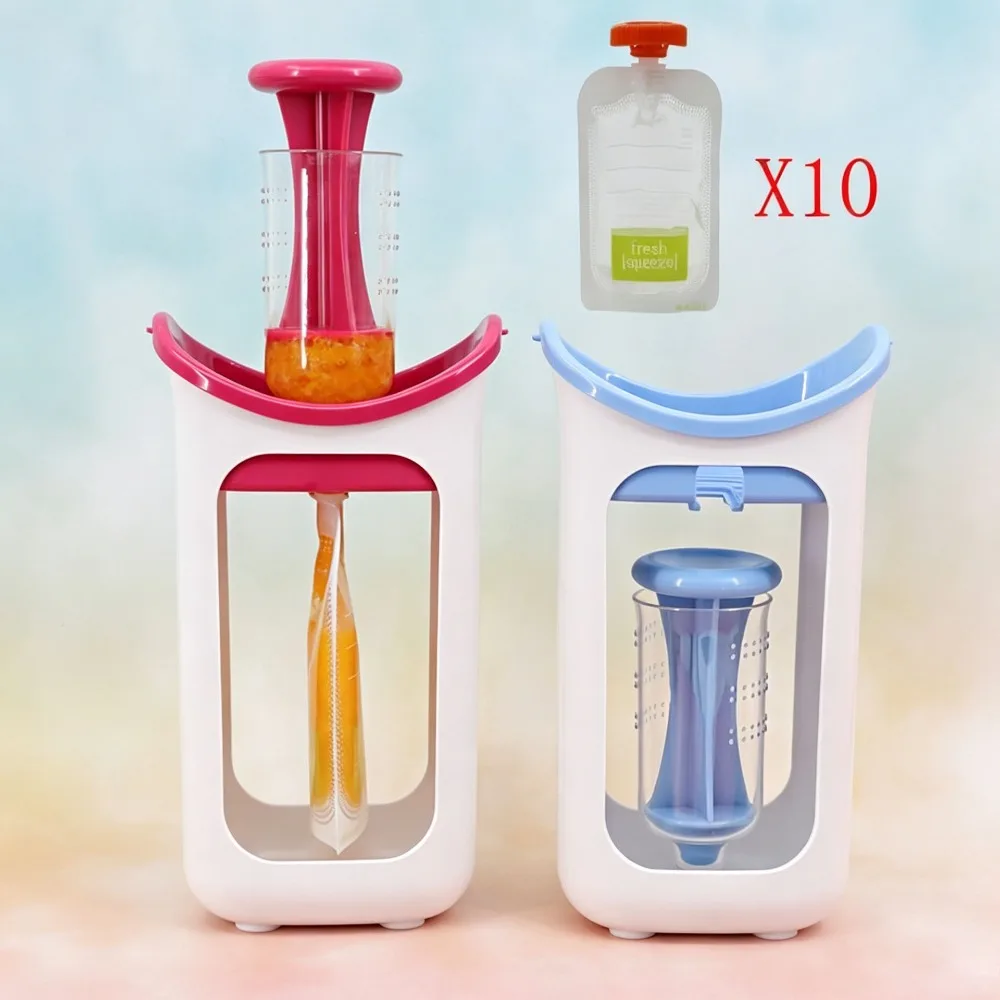 Baby Food Squeeze Station w/10pcs Pouches, BPA Free Fruit Puree Filling Maker, Manual Baby Food Squeezer for Infant & Toddler