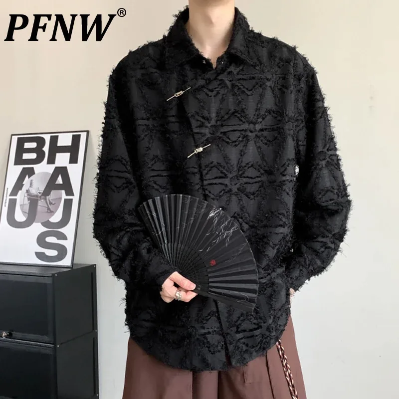 

PFNW Niche Deisgn Men's Shirts Raw Edge Metal Button Printing Male Clothing Lapel Long Sleeve Single Breasted Autumn 2024 12C900