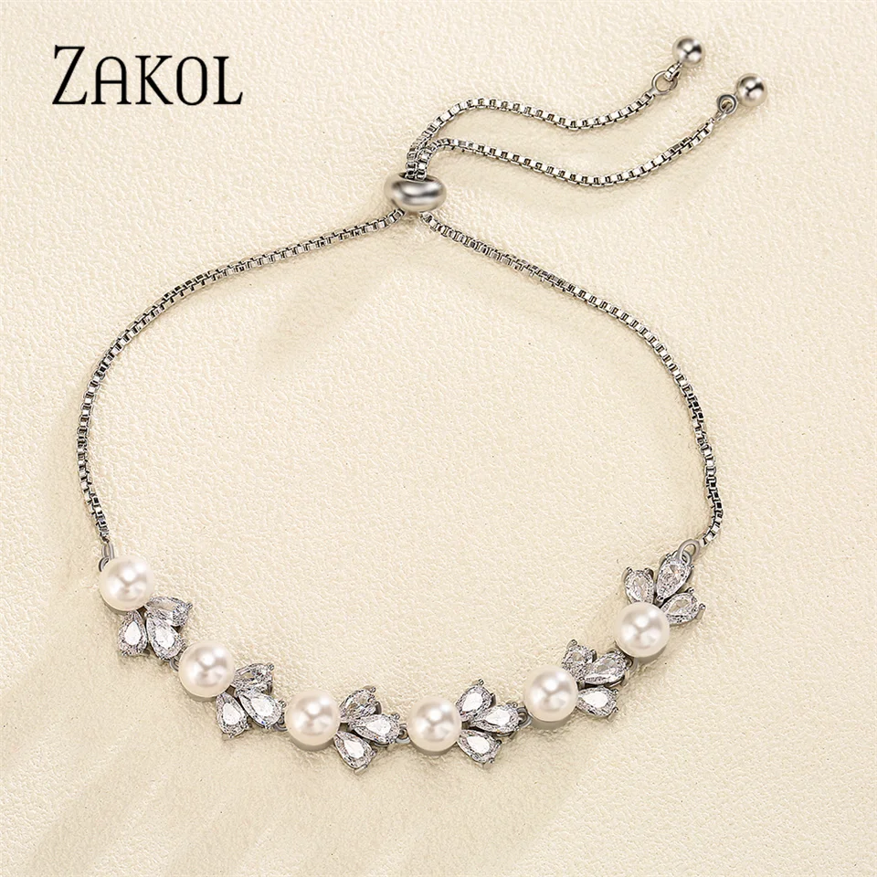 ZAKOL New Elegant White Round Imitation Pearls Bracelets for Women Fashion Leaf Zirconia Adjustable Bracelet Wedding Jewelry