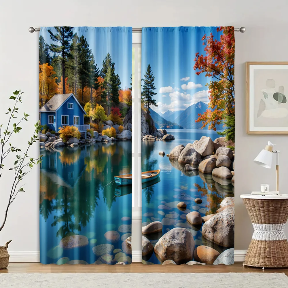 2 pcs, filtering curtains (excluding rods, non-movable, without batteries) Shoreline Boat Scene for use in bedrooms and living