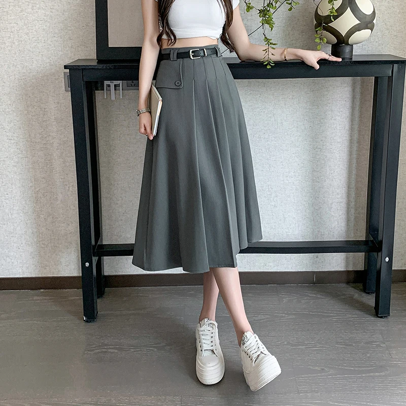 

2024 Autumn New High Waist A-line Pleated Skirts Women Gray Fashion Suit Skirt Korean Ladies Spring Casual Mid-length Skirt