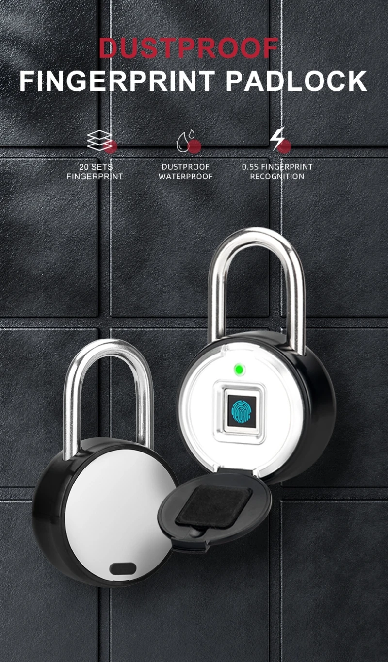 Fingerprint padlock IP55 waterproof and dustproof up to 5000N tensile force gym dormitory cabinet lock luggage lock