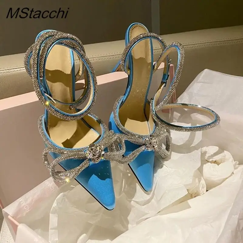 Crystal Sequined Bowknot Women\'s Sandals Sexy Ankle Strap High Heels Pumps Female Sandals 2026 Summer Wedding Nightclub Shoes
