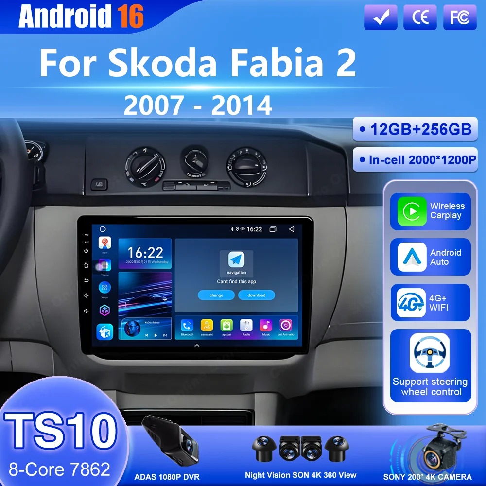 

Автомагнитола Android 16 для Skoda Fabia 2 2007-2014, беспроводной Carplay, мультимедийный видеоплеер, 4G+Wi-Fi, сенсорный экран, Bluetooth