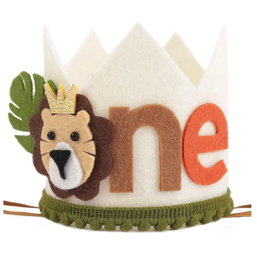 

Cartoon One Year Felt Crown Hats Birthday Party ONE Lion Animal Jungle Party Hat Kids Baby Shower Happy 1st Birthday Party Decor
