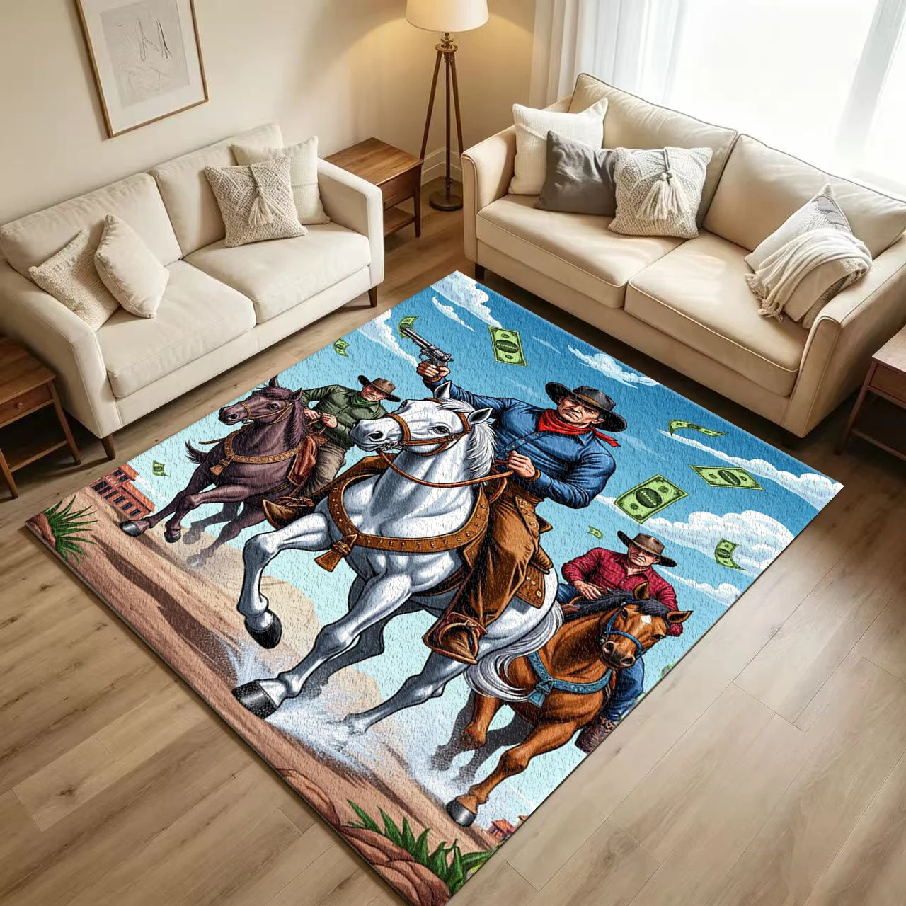 Western Cowboy Horse Robbery Carpet Flooring, Retro Wild West Comic Style Non-Slip Floor Rug for Home Room Decoration