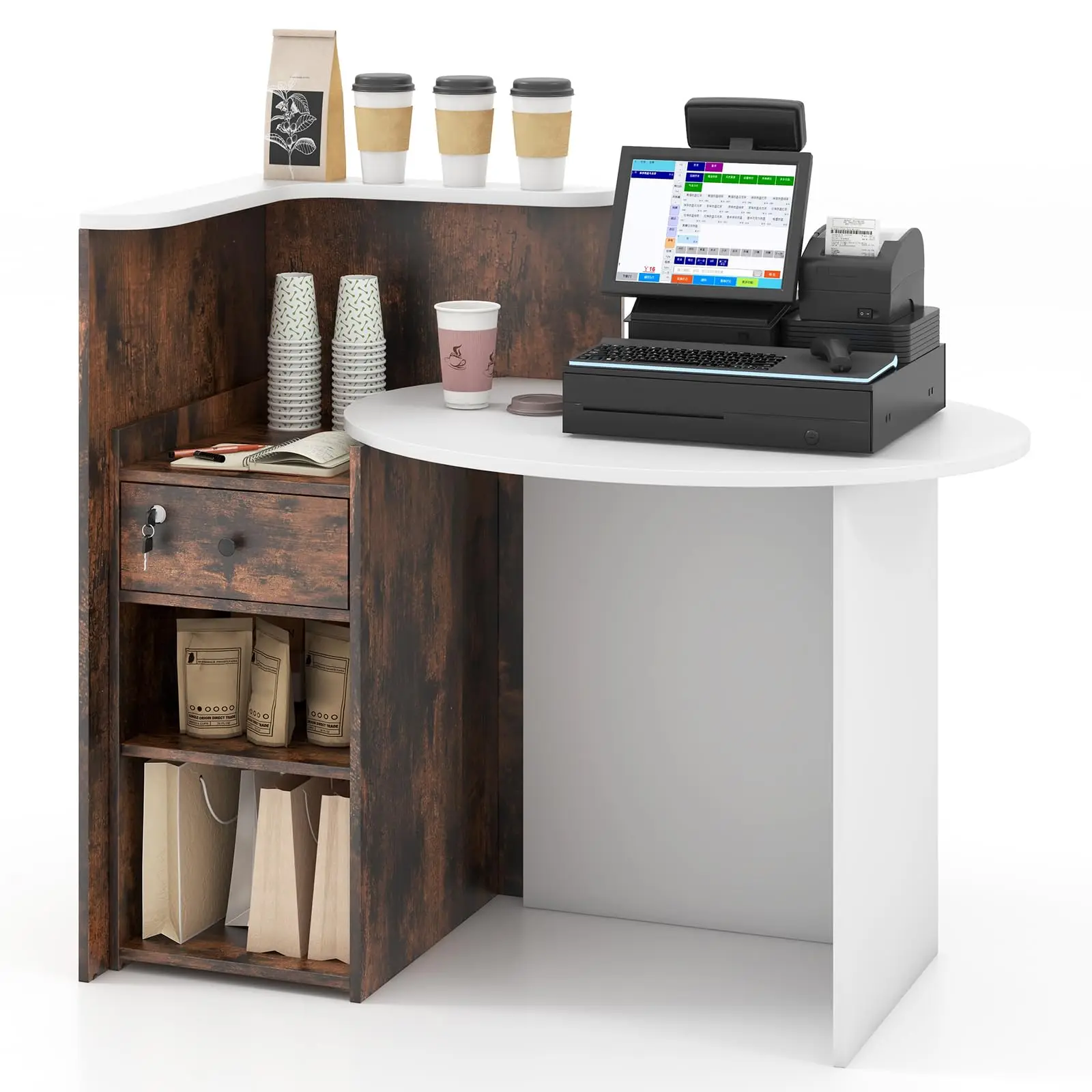 Reception Desk, Front Counter Desk with Lockable Drawer, Checkout Table with Round Tabletop, Corner Shelf & Adjustable