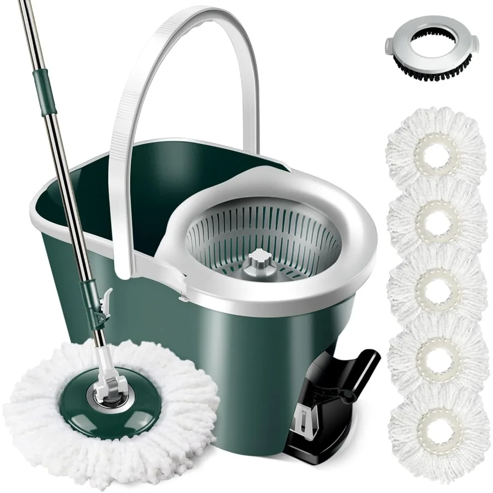 Spin Mop and Bucket with Wringer Set, Mop Bucket Cleaning System with Foot Pedal, 360°Rotation, 5 Microfiber Mop Pads,