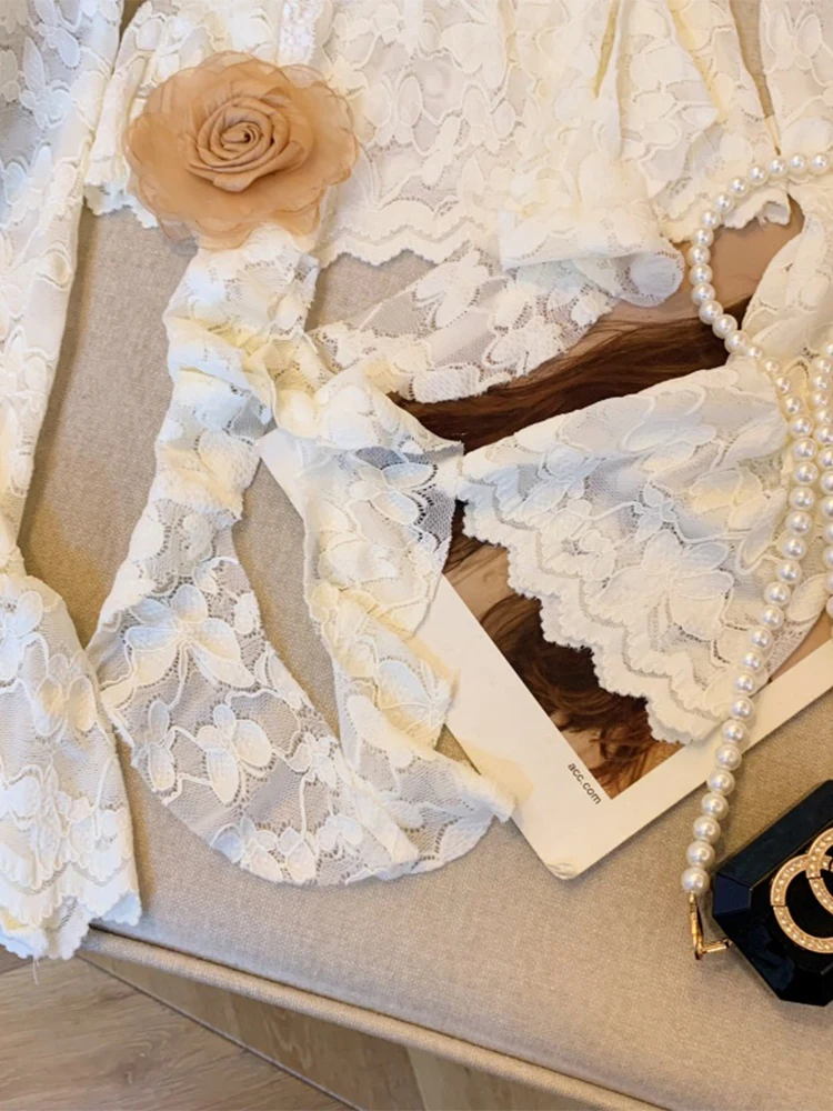 تي شيرت نسائي من الدانتيل المشمش Harajuku الكوري Y2k تي شيرت عتيق جمالي بأكمام طويلة تي شيرت ضيق 2000s ملابس Coquette 2024