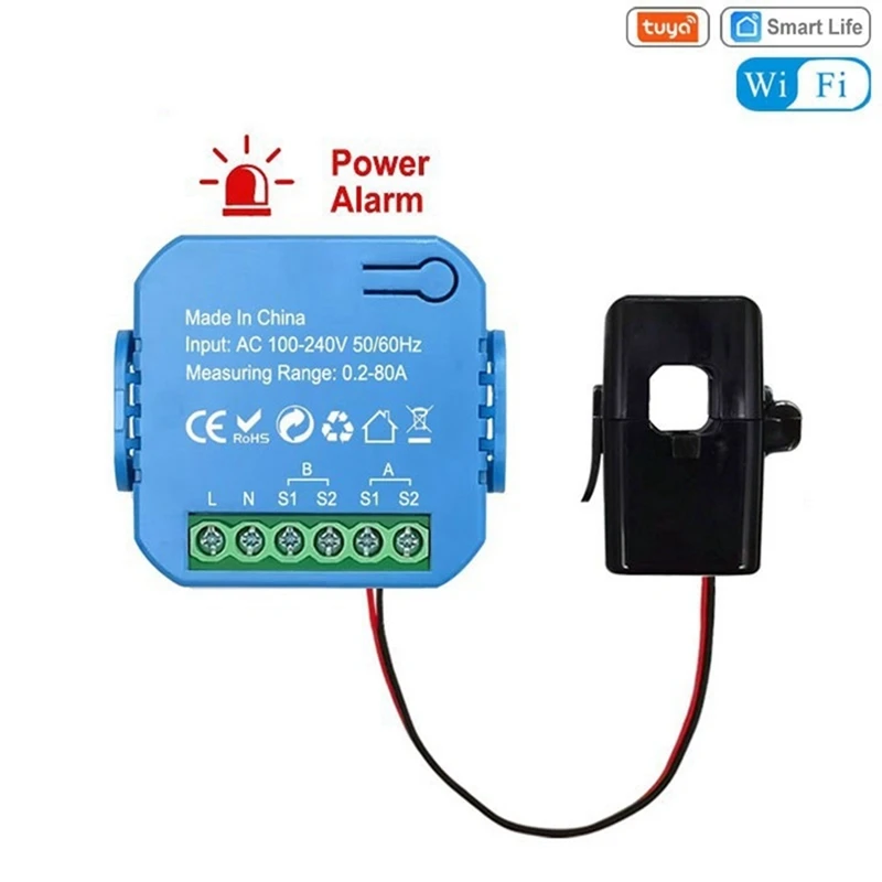 Tuya WIFI Smart Energy Meter Bidirectional With Transformer Clamp App Monitor Power 80A Support Alarm