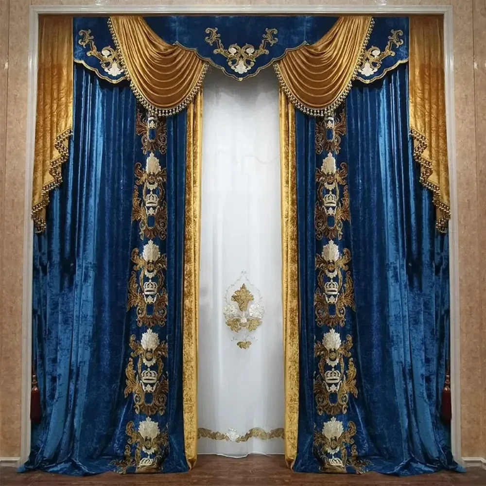 Cloth for Living Room Bedroom Finished Thickened Blackout Velvet Fabric European Palace Luxury High-grade Sapphire Blue Curtain