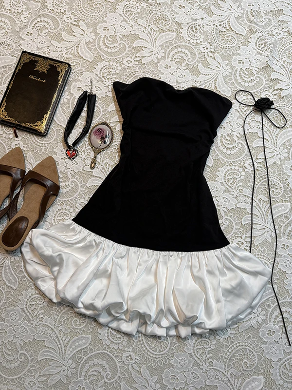 Vestido Tubo Preto Boho Original com Ombros Descidos para Mulheres, Saia Floral Vintage de Verão, Silhueta A-Line, Sem Mangas...