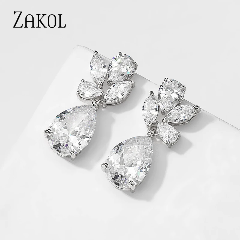 ZAKOL Fashion Water Drop Cubic Zircon Wedding Dangle Earrings Marquise Cut Crystal White Bride Ear Jewelry Gift