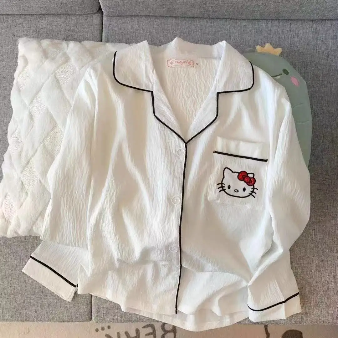 Women Hello Kitty Embroidered Lapel Pajama Top White Sleep Shirt Cute Casual Home Wear Perfect Birthday Gift for Teen Girls view 3