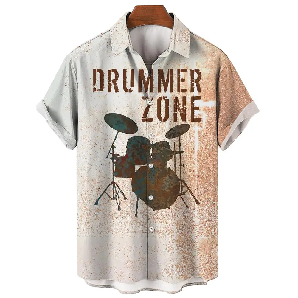 Camisa colorida de música havaiana masculina, camisa de rock estampada guitarra saxofone 3D, manga curta para praia, casual tops grandes, blusa