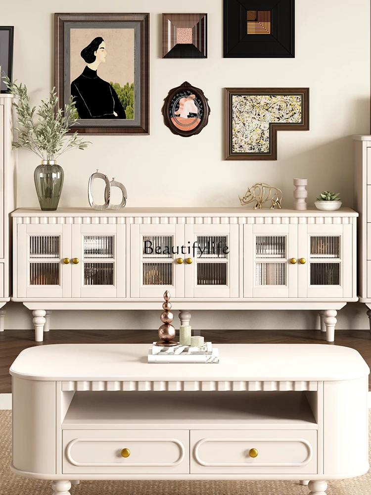 French Cream Wind Pure Solid Wood TV Cabinet American Storage Floor Cabinet White Furniture