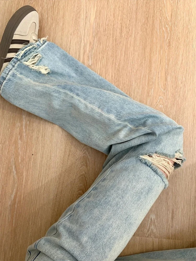 

Светло-голубые женские джинсы с высокой талией и широкими штанинами, летние, в американском ретро-стиле, с эффектом похудения, больших размеров, облегающие, повседневные