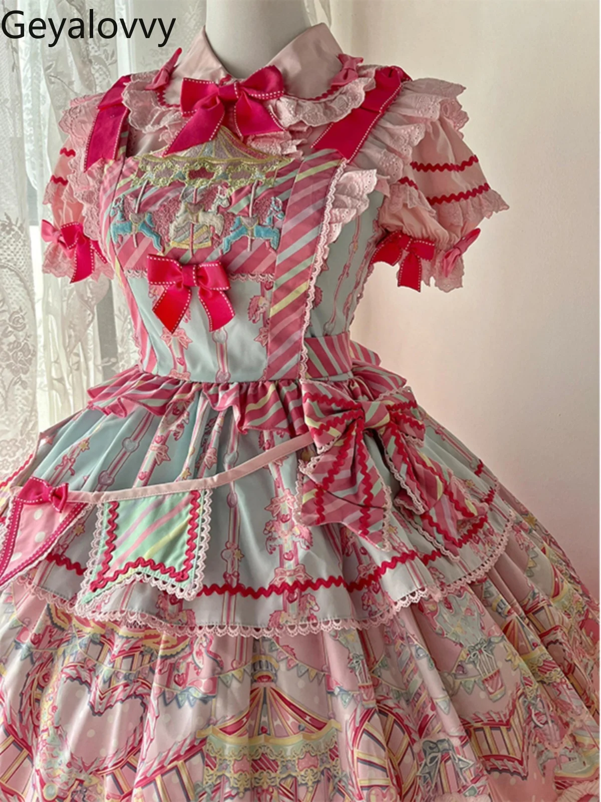

Lolita JSK Sweet Schoolgirl High Waist Suspender Dress Cute Slimming Embroidered Printed Birthday Party Dresses and Inner Top