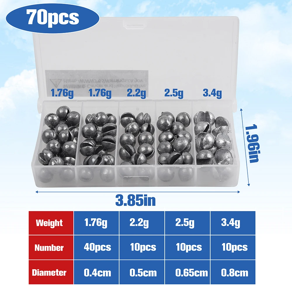 70Pcs Split Shot Fishing Weights Kit Round Split Shot Fishing Sinkers Removable Small Fishing Egg Weights Fishing Gear Tackle