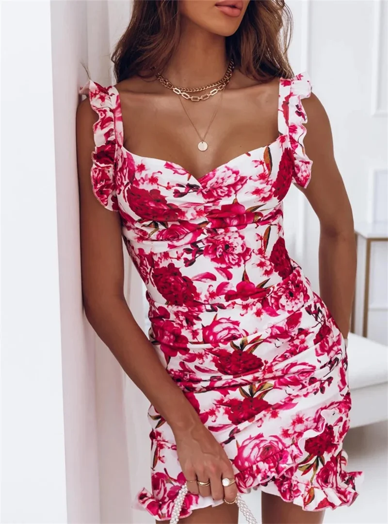 Sexy Dresses for Women Date Night - V-Neck Sleeveless Ruffle Floral Printed Sundress Casual Bodycon Dress