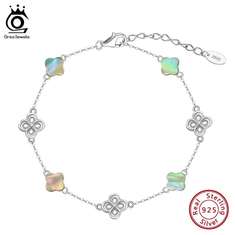 

ORSA JEWELS 925 Sterling Silver Abalone Shell Bracelet for Women Daily Four-Leaf Clover Natural Shell Party Jewelry GMB67