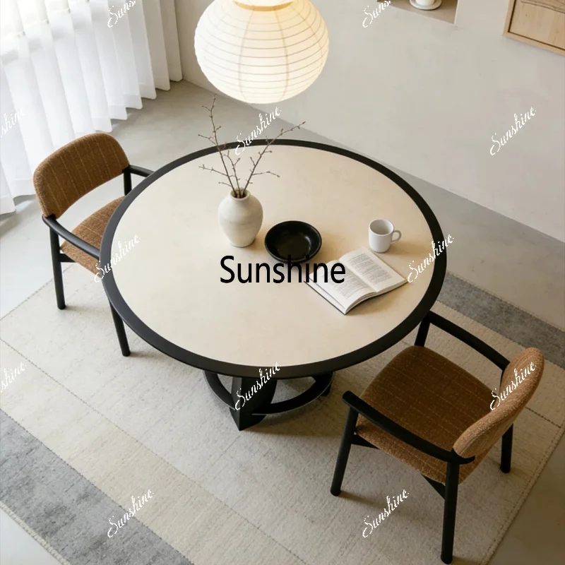 Solid wood rock slab round dining table retro small apartment family dining table