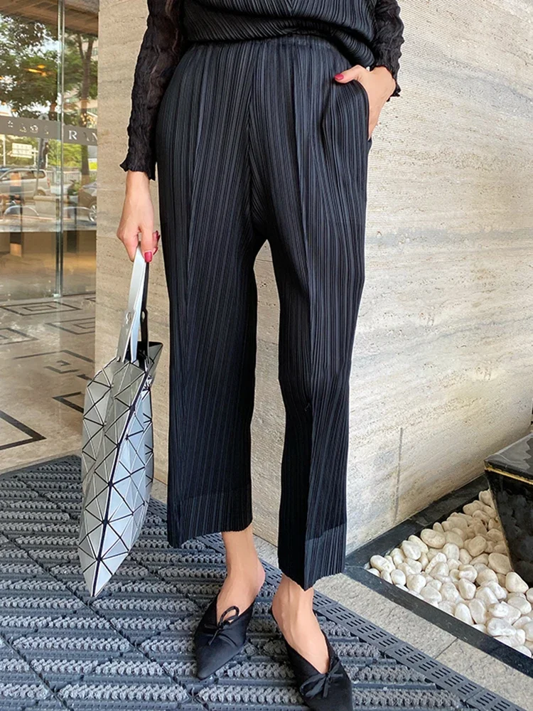 Pleats Sets Women Pleated Two Piece Set 2024 Fall Winter New Loose Casual Suit Lace Fashion Long Dress Top Pencil Pant Clothes