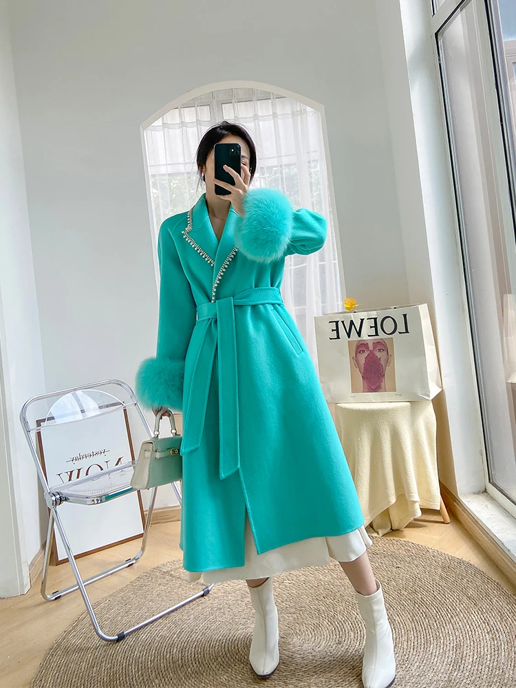 Fur Stitching Long Sleeve Suit Collar Long Double Faced Cashmere Coat Women 2023 Fall Winter Slim Beaded Woolen Coat Female