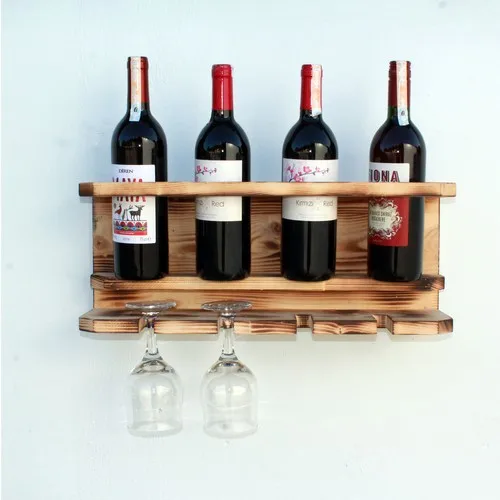 Meyuza Meyuzam Rustic Natural Burning Wood Tumbled 4 Bottle Capacity 4 Goblet Pendant Wine Stand Wine Rack