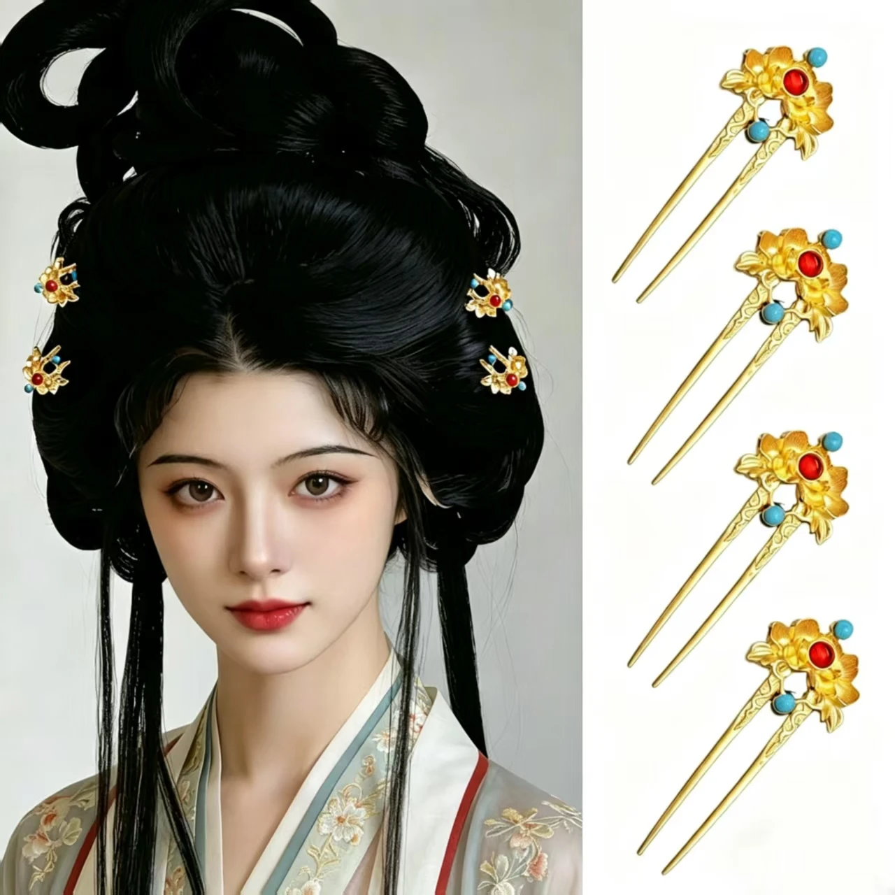   Horquilla para el Cabello con Diseño de Peonía Dorada al Estilo Chino Antiguo, con Incrustaciones de Piedras Preciosas, Horquilla Retro para Boda, Elegante Adorno para el Cabello Hanfu Cosplay para Mujer