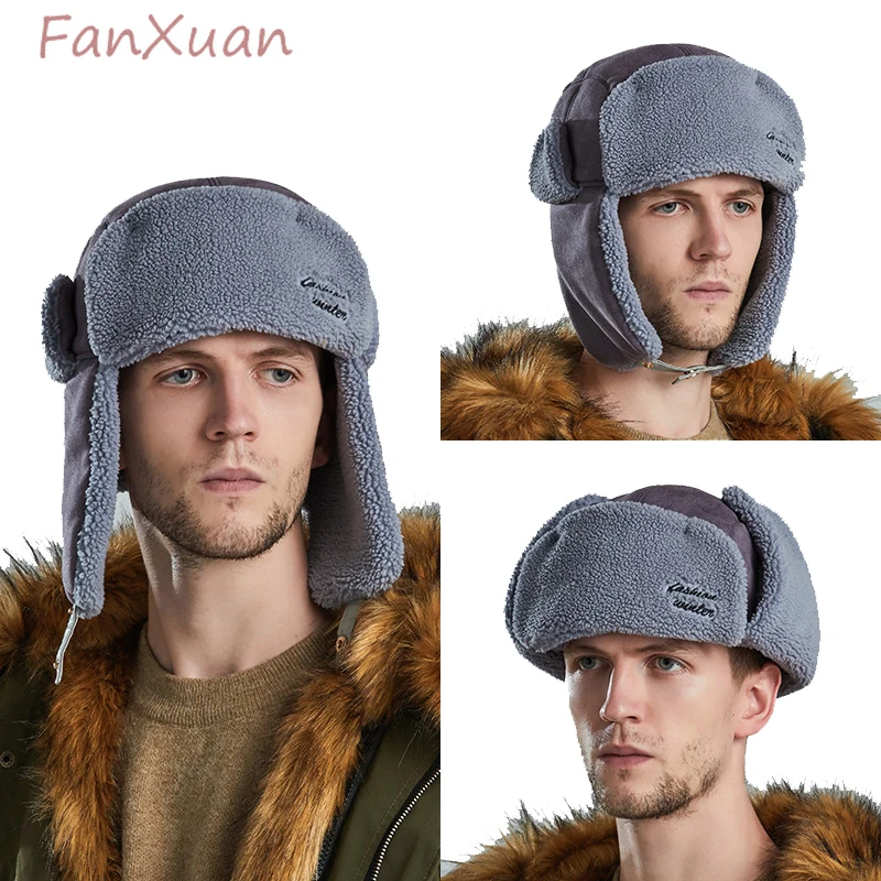 

Men's Winter Hat with Earflaps Fleece Lined Plush Bomber Hats for Men Winter Cap Outdoor Skiing Cycling Russian Cap