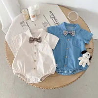 Korean-style summer baby solid color lapel shirt jumpsuit, male baby handsome bow tie single-breasted jumpsuit, very suitable fo