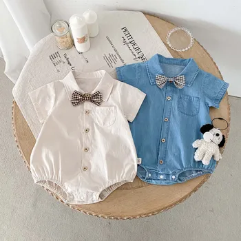 Korean-style summer baby solid color lapel shirt jumpsuit, male baby handsome bow tie single-breasted jumpsuit, very suitable fo