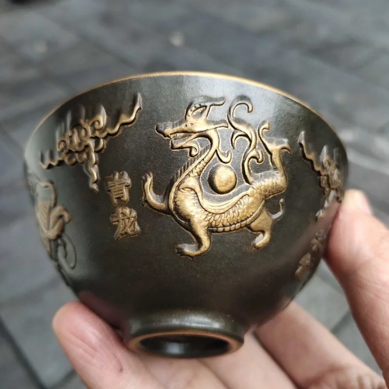 Collection: Pure Copper Gilt Four Divine Beasts (Green Dragon, White Tiger, Vermilion Bird, Black Tortoise) Bronze Bowl f