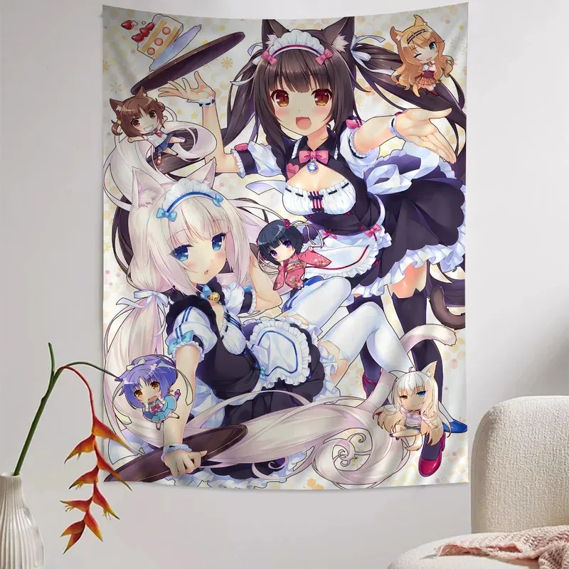 VIKAMA Tapiz de la Colección de Personajes de Nekopara, Chocola, Vanilla, Azuki, Coconut, Decoración de Pared de Anime para Dormitorio de Fans de Nekopara